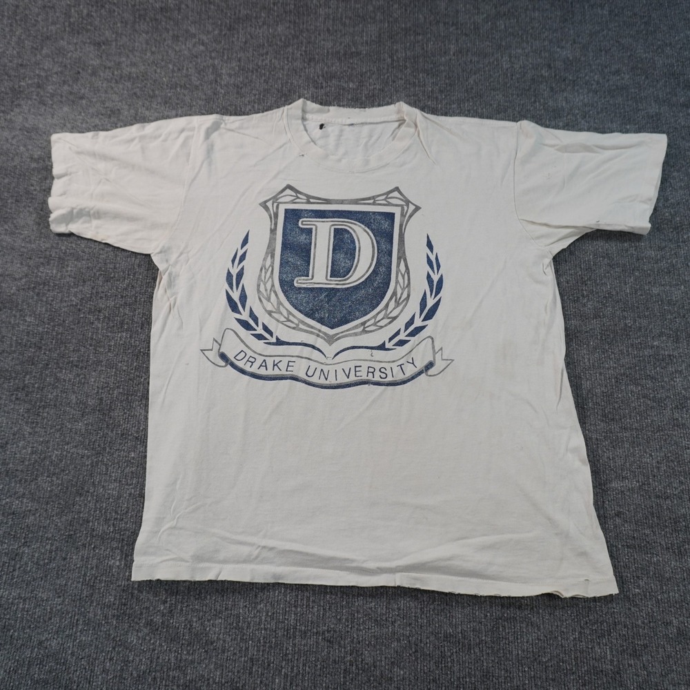 Vintage Drake University T Shirt Mens Large White Distressed Graphic Collegiate